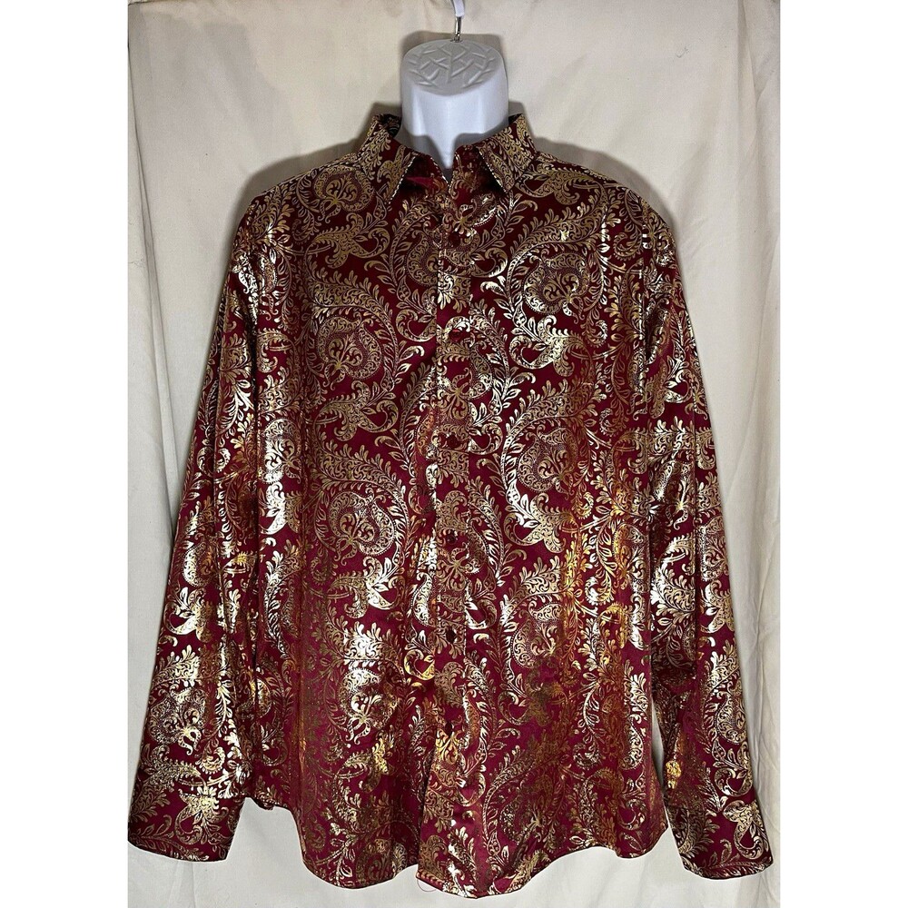 COOFANDY Men's Dress Shirt XL 32/33 Long Sleeve Burgundy Gold Paisley